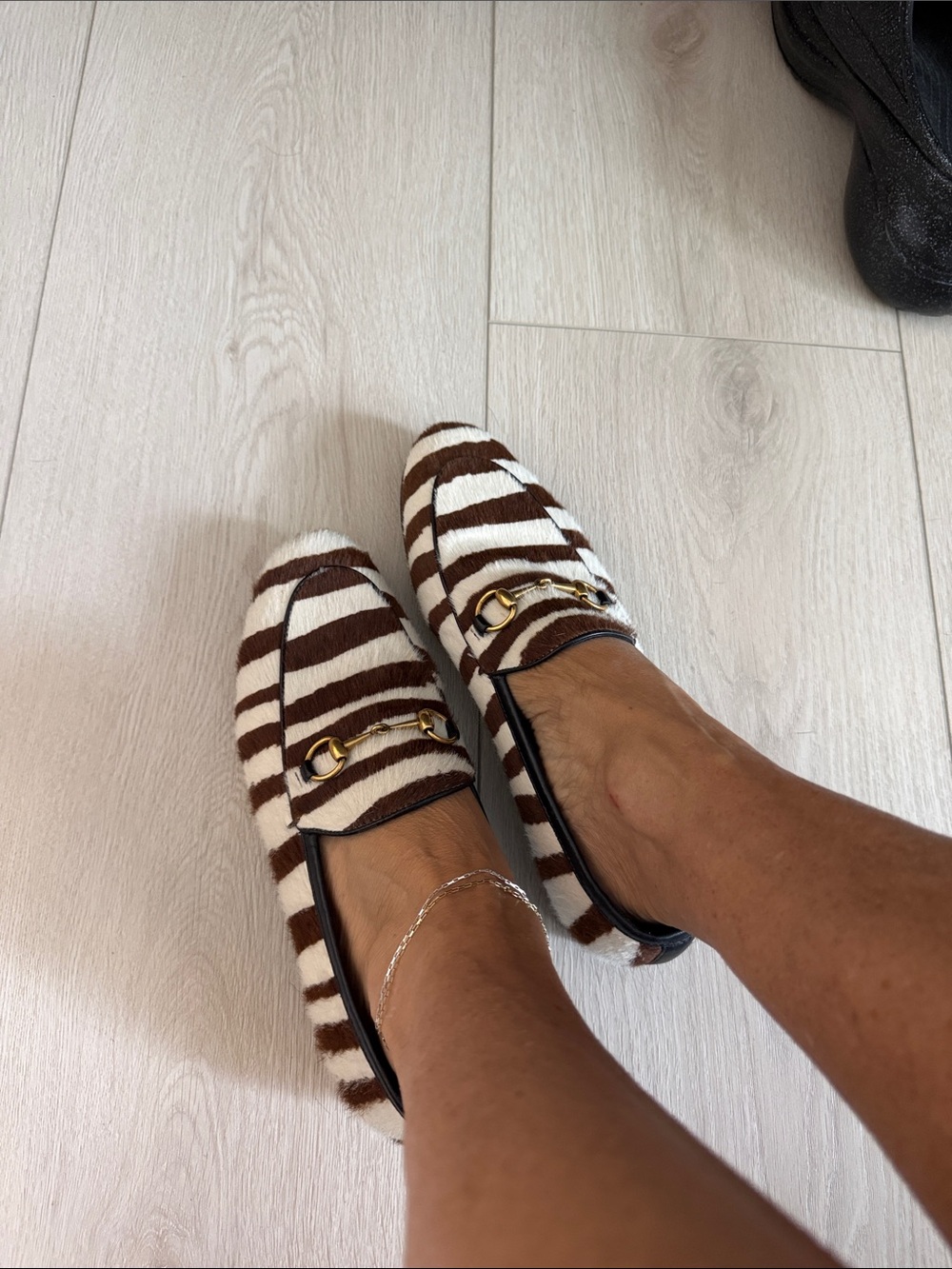 Gucci Brown & White Striped Horsebit Loafers